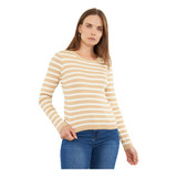 Sweater Mujer Rib R-neck Camel Lineas Crudo Corona