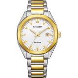 Reloj Citizen Bm762482a Hombre Eco Drive Acero Inoxidable Malla Plateado/dorado Bisel Dorado Fondo Blanco