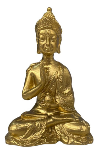 Escultura Buda Sentado 9 Cm Prata E Dourado Em Resina