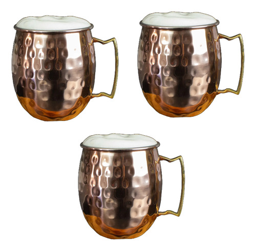 3 Caneca Moscow Mule Aço Inox Martelada 530ml Drink Bar