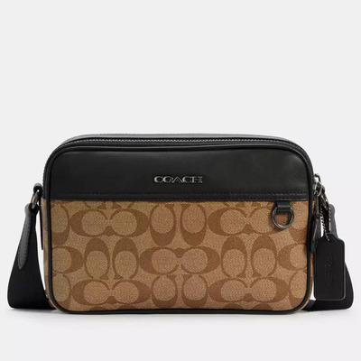 Bolsa Coach De Hombre Bandolera Con Herrajes Niquel Color Marrón Claro Correa De Hombro Negro Diseño De La Tela Lisa | Meses sin interés