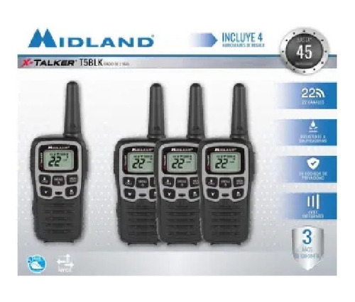 Set De Radios 2 Vías Midland T5blk 4 Piezas 22 Canales