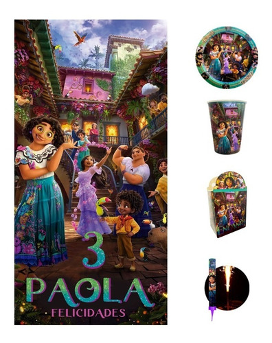 Encanto Paquete Fiesta 40 Pz Vasos Platos Lona Personalizada