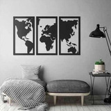 Quadro Decoração Vazado Mapa Mundi Mdf 6mm Preto 70x40 Cm