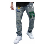Logeqi® Hombres Jeans Lavados En Azul Rasgado Con Parche