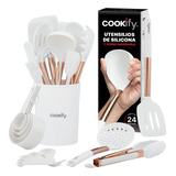 Set 24 Utensilios De Cocina Cookify De Silicona Y Acero Inoxidable Incluye Base. Protegen Tus Sartenes, Resistentes Al Calor, Antiadherentes. Color Blanco-oro Rosa