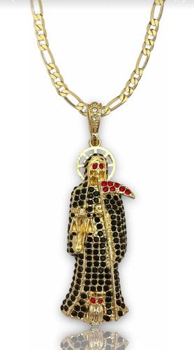 Collar Santa Muerte 6.3cm + Cadena Gruesa Oro Laminado.