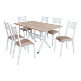 Conjunto Mesa Ciplafe Jade X 6 Cadeiras Tampo 1,36m Carvalho Tubo Branco Assento Capuccino