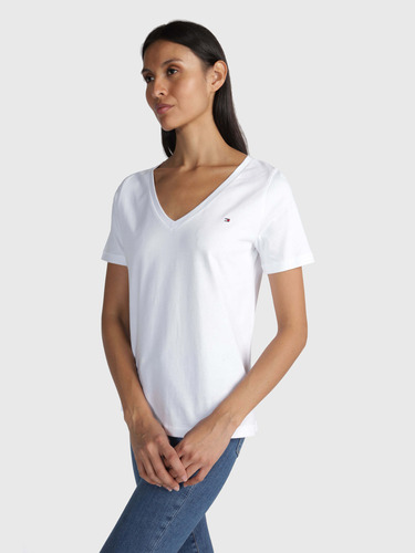 Playera Modern Blanca Con Cuello Pico Tommy Hilfiger Mujer