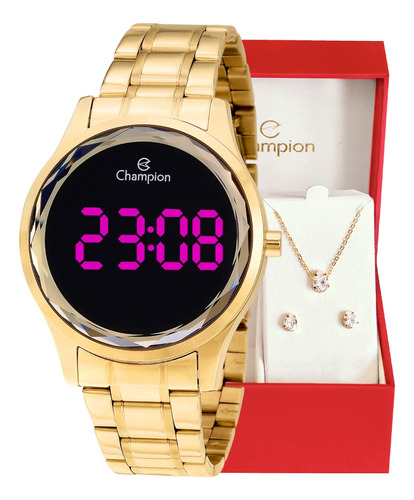 Relógio Feminino Champion Digital Dourado Pequeno +kit Joias