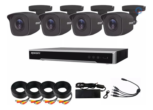 Kit 4 Cámaras 5mpx Epcom Negro Dvr 4 Ch Siames Fuente Cctv