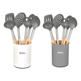 Set Utensilios Hudson Cocina Nylon Mango Bambú Con Cesta