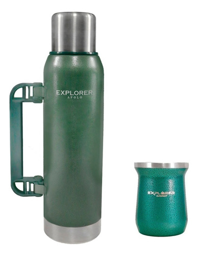 Combo Termo Explorer 1.3lt Cebador Acero + Mate 350ml Inox Color Verde