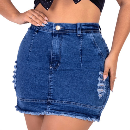 Saia Jeans Plus Size Feminina Cintura Alta Com Lycra