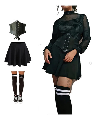 Mini Falda Negra Con Short+ Corset Negro + Calceta Bucanera 