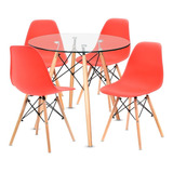 Comedor Moderno Eames Mesa Vidrio + 4 Sillas Color Rojo