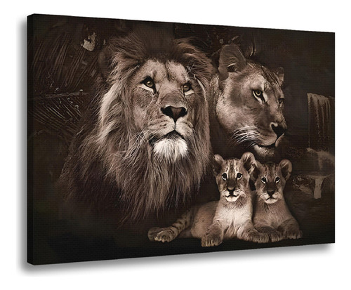 Quadro Decorativo Tela Paisagem Família Leão Filhotes 130x90 Cor Preto Cor Da Armação Madeira