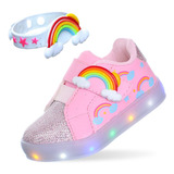 Tenis Infantil Menina Luzinha Led Arco Iris Com Pulseira 