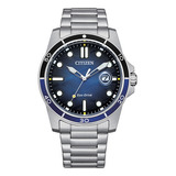 Reloj Citizen Aw181085l Hombre Eco Drive Acero Inoxidable Malla Plateado Bisel Negro/azul Fondo Azul