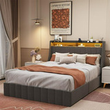 Cama Queen Con Alas Y Luces Led, 4 Cajones, Sin Somier