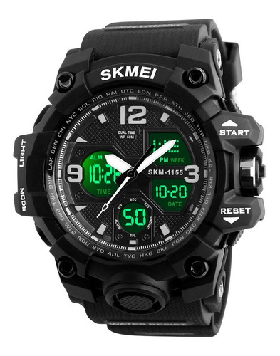 Reloj Pulsera Skmei 1155 De Cuerpo Color Negro, Analógico-digital, Para Hombre, Fondo Negro, Con Correa De Poliuretano Color Negro, Agujas Color Blanco Y Negro, Dial Blanco, Subesferas Color Negro, Mi