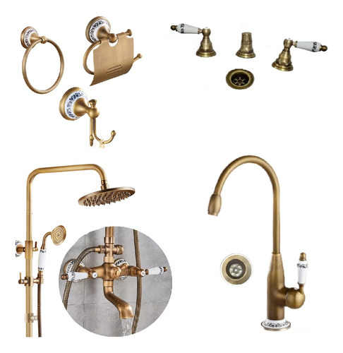 Set Completo Griferia Bronce Ducha+bacha+bidet+ 3 Accesorios