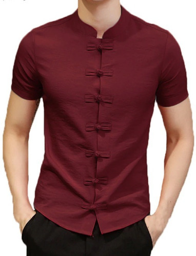 Camisa Hombre Cuello Mao Manga Corta Botón Chino - Bruce Lee