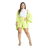 Conjunto Feminino Kimono+shorts Folhagem Tropical Verão