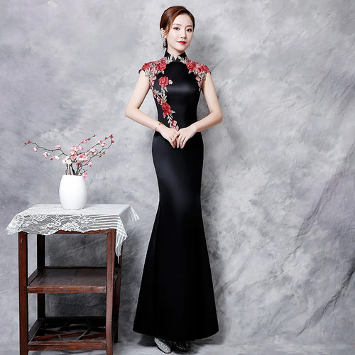 Vestido De Noche Cheongsam De Satén Con Bordado De Peonía Ne