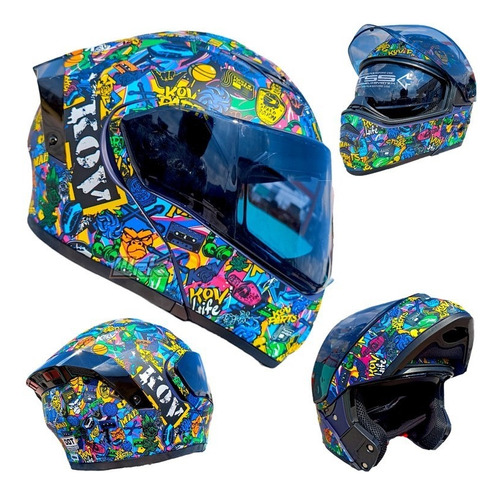 Casco Kov Abatible Para Moto Azul Amarillo Abatible Kov Dot