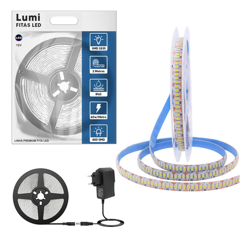 Luminario De Fita Ultra Led 2835 2m 240 Smd/m 12v Ip20 Super Brilho Branco Quente Com Fonte Alimentaçao