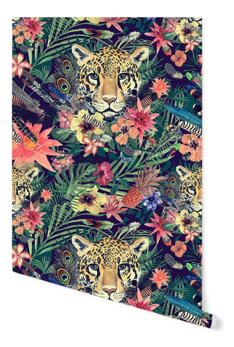 Vinil Decorativo Flor De Lotos Leopardo Tapiz Hd Autoadhesiv Color Negro