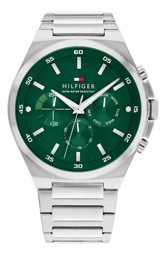 Reloj Tommy Hilfiger Hombre Dexter 1792088 Color De La Malla Plateado Color Del Bisel Plateado Color Del Fondo Verde