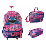 Kit Mochila Rodinhas Lilo & Stitch Lancheira Estojo 2024