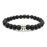 Pulseira Masculina Pedra Ágata Preta Fosco 8mm Caveira Skull