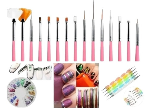 Kit Pinceles X15 + Punzones X10 + 12 Cintas + Rueda Nail Art