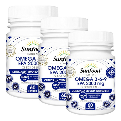 Omega 3 6 9 + Óleo De Linhaça 60 Capsulas Softgels 3 Potes