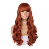 Peruca Ruiva C Franja Ondulada 60cm Fibra Orgânica + Wig Cap