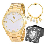 Relogio Feminino Dourado Aço Inox + Pulseira Pandora + Caixa