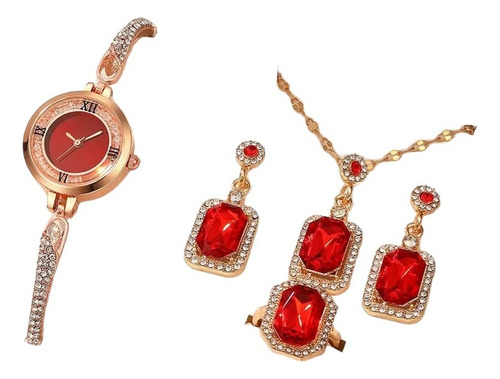 Kit Reloj Rojo Ajustable Para Mujer + Juego De Collar Aretes