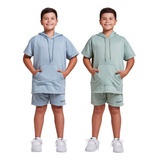 Kit 2 Conjuntos Infantis Moletom Bermuda Camisa Canguru Kids