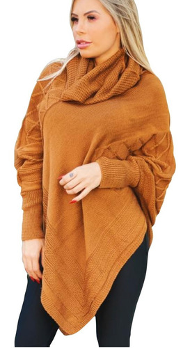 Blusa Poncho Kimono Tricot Inverno Tam. Único Marrom Em 6x