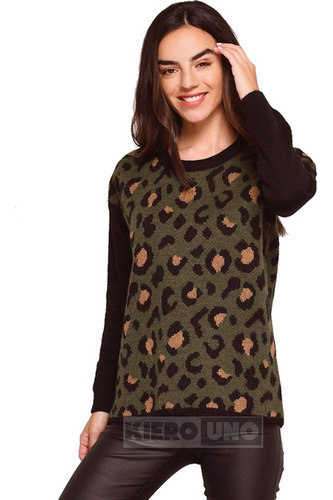 Sweater De Lana Mujer Animal Print Cuello Redondo Kierouno