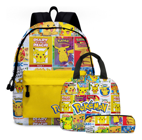 3pcs Pokémon Pikachu Mochila Escolar Lonchera Bolsa De Lápic