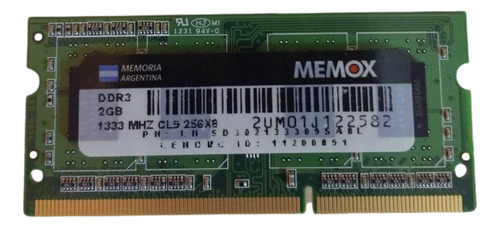 Memoria Ram Sodimm Verde 1x2gb Memox Ln-sd302133309sa8l 1333mhz