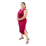 Vestido Midi Plus Size Regata Canelado Tubinho Fenda Lateral