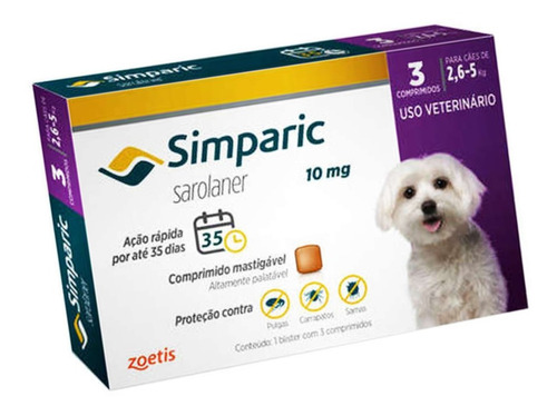 Simparic 10mg Antipulgas 2,6 A 5kg C/3 Comprimido