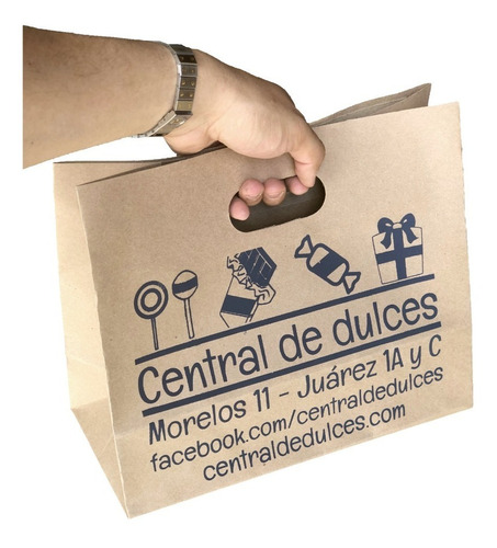 Bolsa Papel Kraft Asas 30x20+30 Impresa Regalo Comida 100 Pz