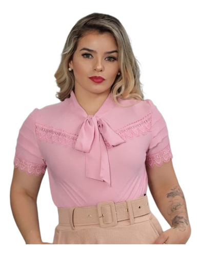 Camisa Social Feminina Manga Curta Em Crepe Barata Bl 255