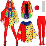 Disfraz Payaso Circo Halloween 5 Pzas Para Mujer Poncho Colorido Peluca Rizada Con Cola Doble Nariz Roja Tatuaje De Payaso Leggings Rojos